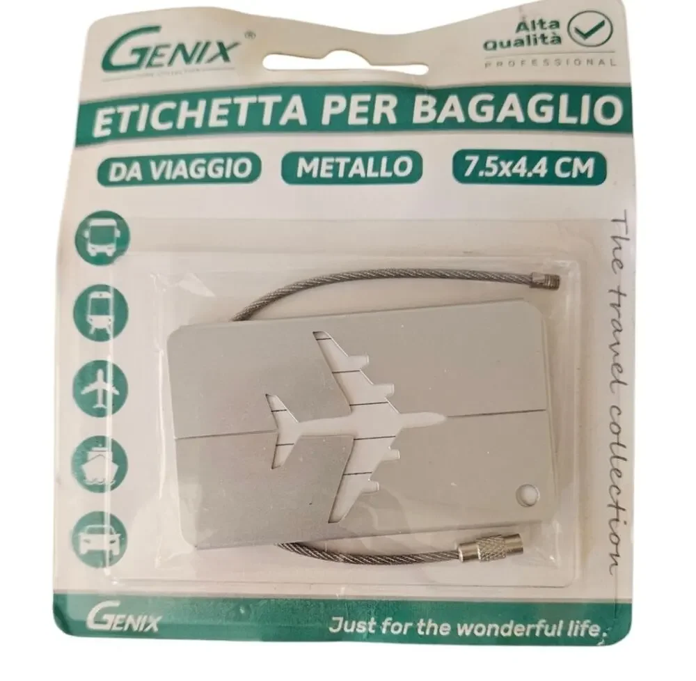 NEW Genix Metal Airplane Luggage Tag w/ Steel Cable - 7.5x4.4 CM Travel Tag